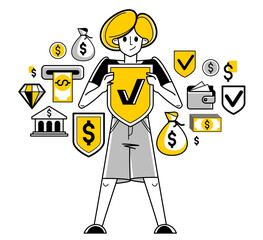 Financial protection and security vector outline illustration, bank worker is doing his job on financial safety, insurance and risk, secured shield.