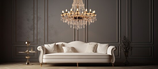 Living room with furniture and chandelier With copyspace for text