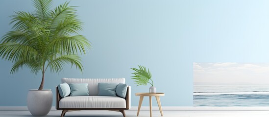 Fototapeta na wymiar Blue palm tree table by rocking chair and sofa in bright living room With copyspace for text