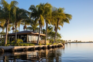 waterfront bungalow with palm trees swaying - obrazy, fototapety, plakaty