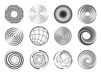 Spiral shapes. Abstract swirl geometric figures, modern wavy circle spiral abstract elements, motion black border design elements