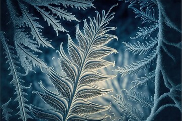 Frozen pattern on the window. Frosted glass in amazing elements. Winter crystal background texture. 3D render. AI generated.