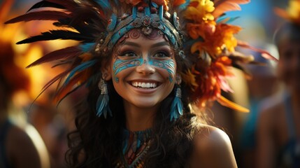 Bright and colorful traditional Philippine festival. Filipino girl with ethnic makeup and a bright feather headdress - obrazy, fototapety, plakaty