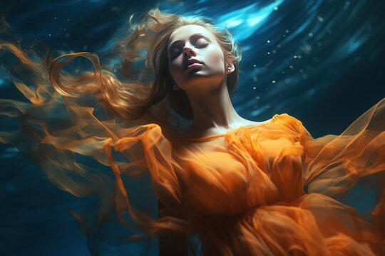 A young beautiful girl underwater slowly dances in a flowing orange dress. Fantastic romantic image of a woman in the dark green depths of the sea.