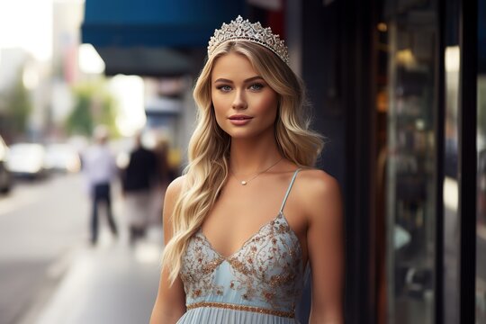 A beautiful blonde girl in a precious diamond crown with dark hair in a summer dress walks along the streets of the city. Fashionable romantic image of a beauty queen.