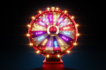 Colorful wheel of fortune on a dark background, casino concept, luck, luck, gambling, gambling establishments. Website template, mobile application, entertainment. 3D illustration, 3D Render.