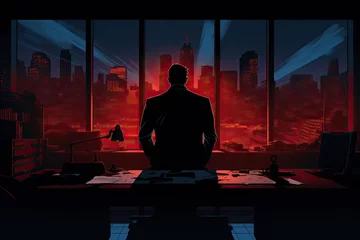 Fototapeten silhouette of a villain looking at the city leaning on his desk, illustration © VenDigitalArt