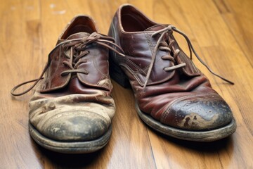 close detailing of dull, worn-out shoes lying next to a new pair