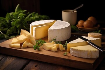 shot of matured cheese wheels next to fresh cheese cut