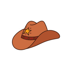Cartoon Cowboy hat. Western headdress decorated with star, ribbon. Head accessory  in country style. Wild West clipart. Vector illustration isolated on white background