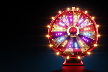 Colorful wheel of fortune on a dark background, casino concept, luck, luck, gambling, gambling establishments. Website template, mobile application, entertainment. 3D illustration, 3D Render. - obrazy, fototapety, plakaty