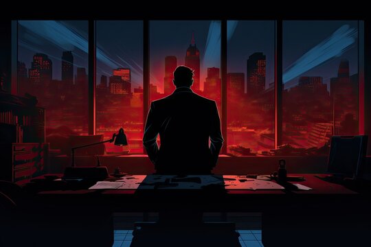 silhouette of a villain looking at the city leaning on his desk, illustration