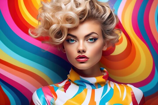 Pop art fashion portrait of young woman posing on color crazy background, simple multicolored geometric pattern.