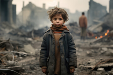an orphaned child stands in front of the ruins of a town destroyed in the war - obrazy, fototapety, plakaty