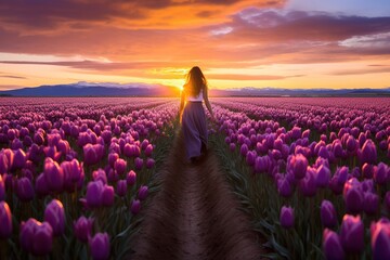 A young slender girl in a bright summer dress walks through a field of tulips against the backdrop of a beautiful sunset. Romantic image of a free woman in love, view from the back. - obrazy, fototapety, plakaty