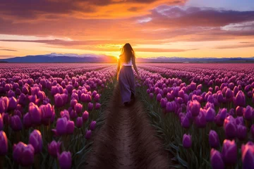 Foto op Aluminium A young slender girl in a bright summer dress walks through a field of tulips against the backdrop of a beautiful sunset. Romantic image of a free woman in love, view from the back. © photolas