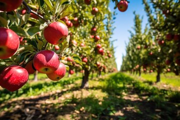 shining red apples in a large orchard during harvest season