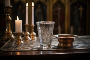Obraz na płótnie Canvas glass vessel filled with water on an altar