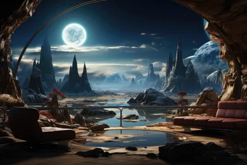 Poster alien landscape, fantasy planet, night sky with stars on background. Generative AI © dashtik