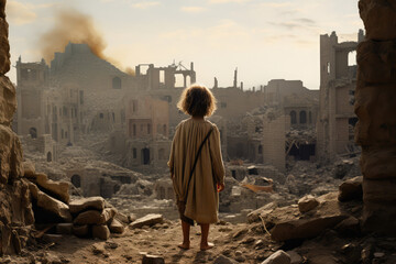 an orphaned child stands in front of the ruins of a town destroyed in the war