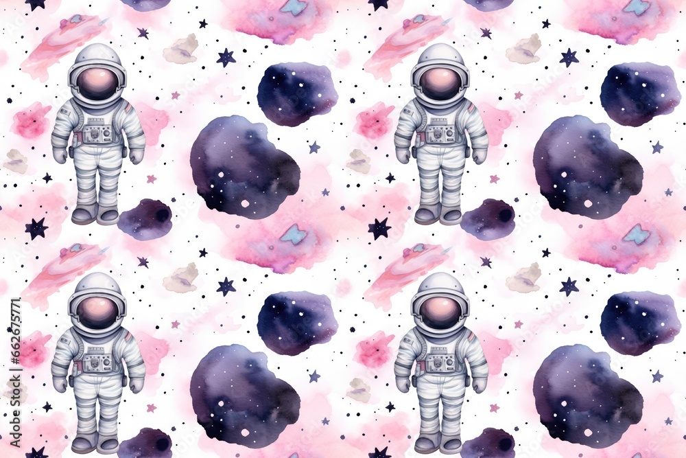 Wall mural seamless pattern of watercolor outer cosmos space with astronaut