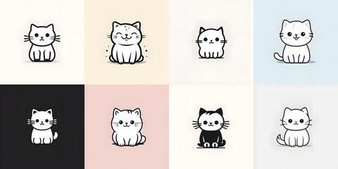 Set of eight cute cats - simple minimalist flat illustration monochrome line drawing 