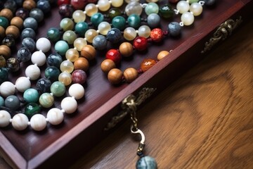 overhead shot of varied buddhist prayer beads on a wooden tray