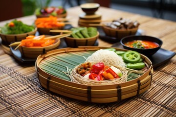 close-up of sacrificial food dishes on a bamboo mat