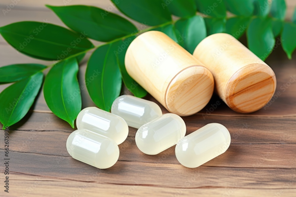 Poster retinol capsules on a wooden surface with green leaves around