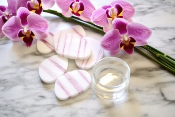 eye gel patches on a marble countertop with orchids