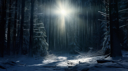 Flashlight snow forest trees