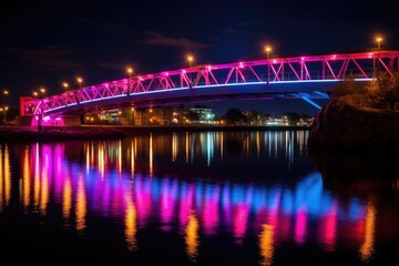 Fototapeta na wymiar bridge at night with colorful lighting illuminating the water