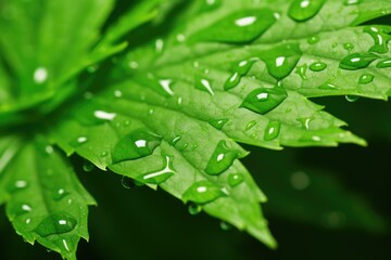 close-up of essential oil droplets on green leaves