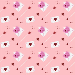 Seamless pattern from love letters, arrows and hearts. A message in an envelope for Valentines Day. Festive pattern for fabric, wrapping paper, clothing. Vector illustration.