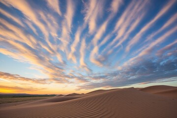 wispy clouds over sand dunes at sunrise