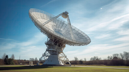 a Radio telescope pointing to the blue sky.