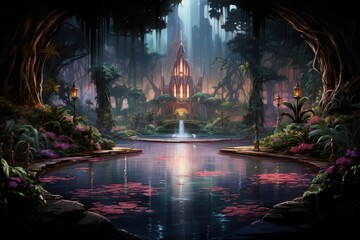 Fototapeta premium Enchanted song fountains, harmonizing with nature's melodies and creating enchanting displays - Generative AI