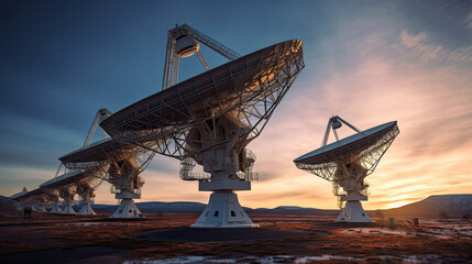 Radio telescopes aligned in the sky at sunset. - obrazy, fototapety, plakaty