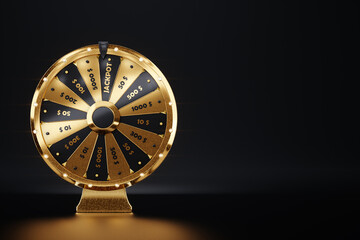 Golden wheel of fortune on a dark background, luxury style black and gold. Casino concept, luck, luck, gambling, gambling establishments. Website template, 3D illustration, 3D Render, copy space. - obrazy, fototapety, plakaty