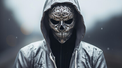 Person with silver skull mask and hooded jacket - obrazy, fototapety, plakaty