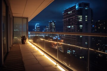 portion of a high-rise balcony with glass railing and floor lighting