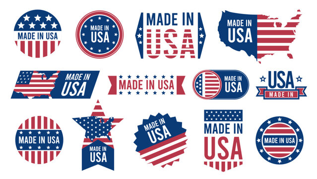 Made in USA labels. Retro patriotic stickers with national american flag stripes, national american state map emblem, domestic product quality guarantee. Vector set