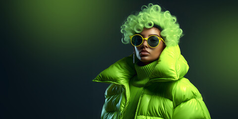 young woman with green winter jacket and glasses