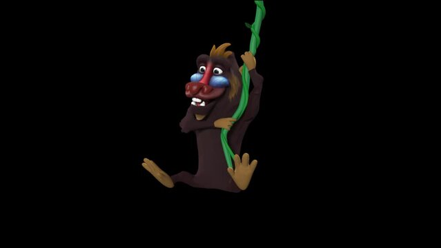 Excited Monkey With Blue Cheeks And Red Nose Hovering And Swinging Holding A Creeper Liana Vine 3D Animation