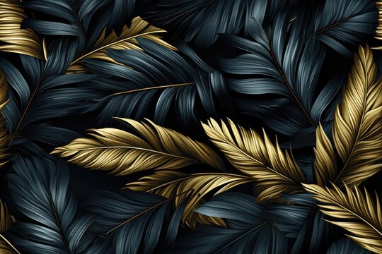 seamless pattern with gold and black tropical palm leaves on dark background. Generative AI