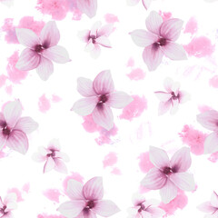 Flower Watercolor Seamless Pattern.Hand painted illustration blooming purple Magnolia Pattern on isolated white background with pink watercolor stains. for design, textile, wrapping, wallpaper, cover.