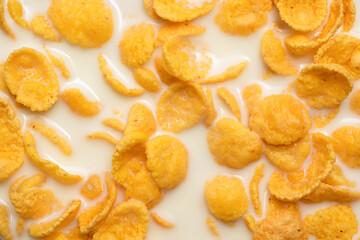 Background of corn flakes with milk close-up. Morning breakfast