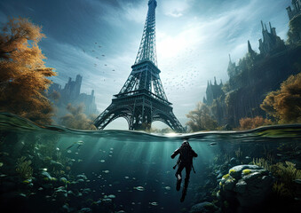 Eiffel Tower under water symbolic image for future sea level rise