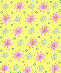 Abstract plant leaf and flowers art seamless pattern with colorful freehand doodle collage. Organic leaves cartoon background, simple nature shapes in vintage purple colors.