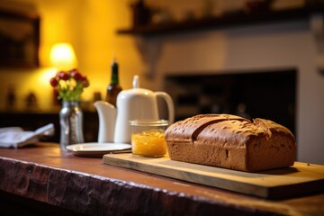 Fototapeta na wymiar freshly baked bread on a board in a b&b kitchen